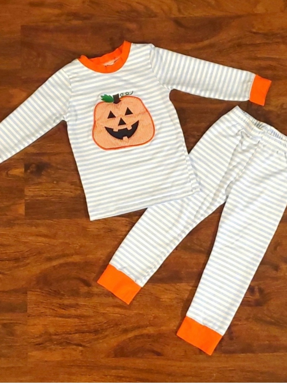 Orange Pumpkin blue striped pajama set (3T)